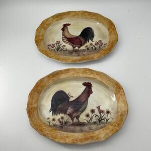 Vintage Oval Rooster & Floral Platter 12.5" 2 pcs Cottagecore Grannycore